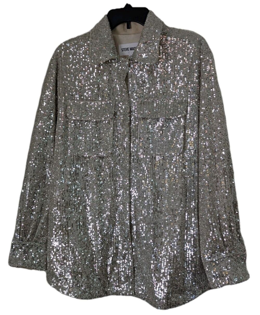 Steve Madden Silver Sequined Snap Shirt Womens Large L/S Disco Glam Sparkle EUC